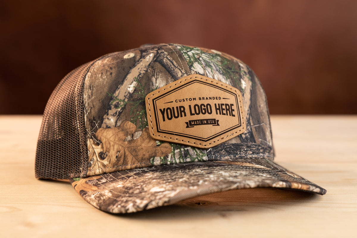 Camo Custom Patch Shape Richardson 112P Fitted Laser Engraved Leather Patch  Hat-Deer Antlers Hunting Hunter Hand Stitched Real Leather