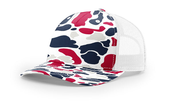 Richardson 112PFP custom leather patch hat in Americana Duck Camo with White accents