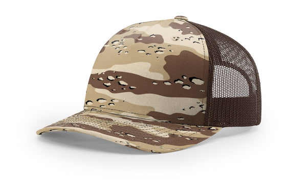 Richardson 112PFP custom leather patch hat in Desert Camo with Brown accents