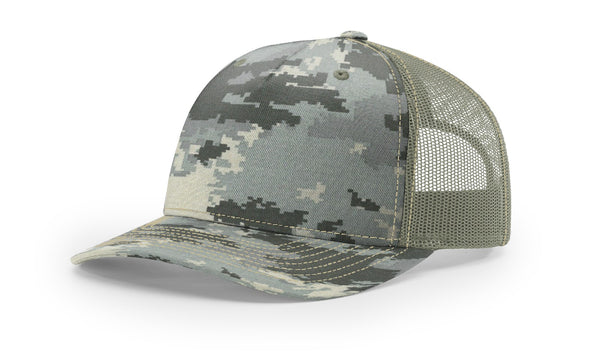 Richardson 112PFP custom leather patch hat in Digital Camo with Light Green accents
