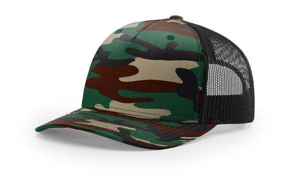 Richardson 112PFP custom leather patch hat in Green Camo with Black accents