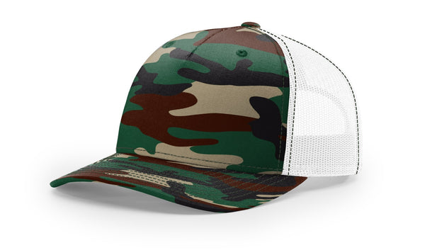 Richardson 112PFP custom leather patch hat in Green Camo with White accents