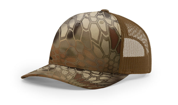 Richardson 112PFP custom leather patch hat in Kryptek Highlander camo with Buck accents