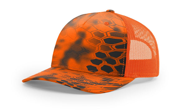 Richardson 112PFP custom leather patch hat in Kryptek Inferno camo with Blaze Orange accents