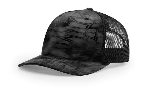 Richardson 112PFP custom leather patch hat in Kryptek Typhon camo with Black accents