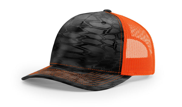 Richardson 112PFP custom leather patch hat in Kryptek Typhon camo with Neon Orange accents