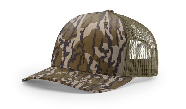 Richardson 112PFP custom leather patch hat in Mossy Oak Bottomland camo with Loden accents
