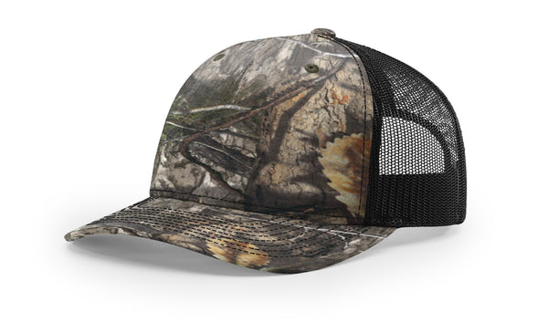 Richardson 112PFP custom leather patch hat in Mossy Oak Country DNA camo with Black accents