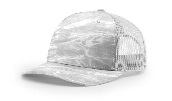 Richardson 112PFP custom leather patch hat in Mossy Oak Elements Bonefish camo with Light Grey accents