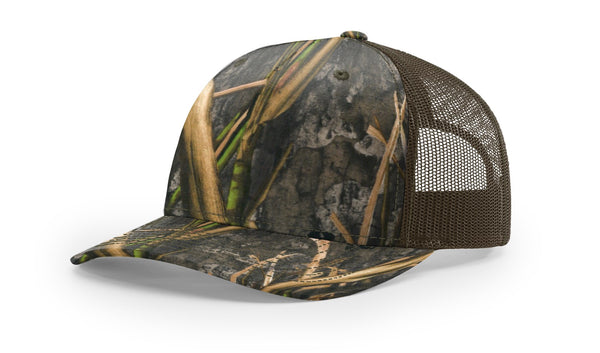 Richardson 112PFP custom leather patch hat in Mossy Oak Habitat camo with Brown accents