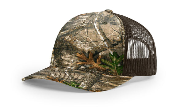 Richardson 112PFP custom leather patch hat in Realtree Edge camo with Brown accents