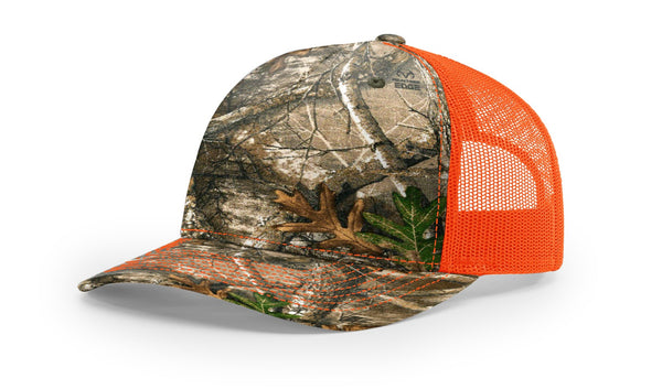 Richardson 112PFP custom leather patch hat in Realtree Edge camo with Neon Orange accents