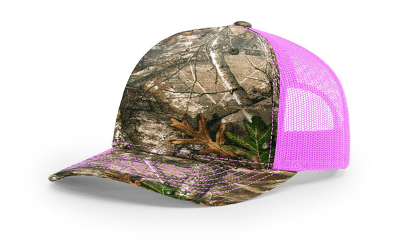 Richardson 112PFP custom leather patch hat in Realtree Edge camo with Neon Pink accents