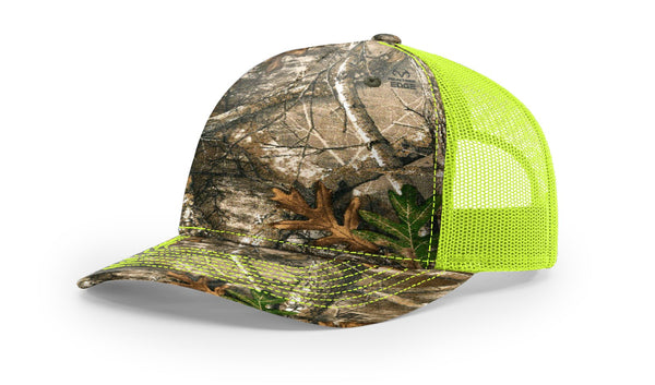 Richardson 112PFP custom leather patch hat in Realtree Edge camo with Neon Yellow accents