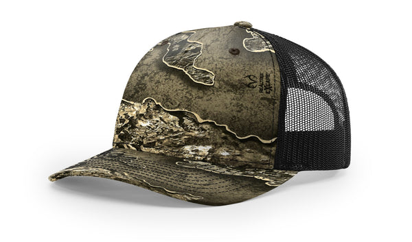 Richardson 112PFP custom leather patch hat in Realtree Excape camo with Black accents