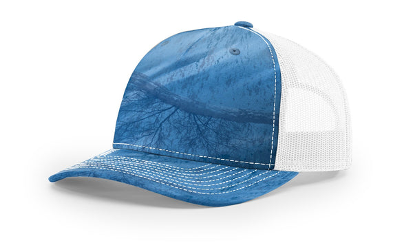 Richardson 112PFP custom leather patch hat in Realtree Fishing Light Blue camo with White accents