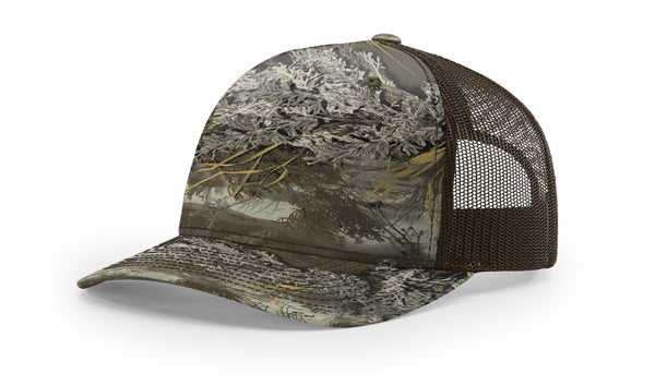 Richardson 112PFP custom leather patch hat in Realtree Max1 XT camo with Brown accents