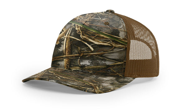 Richardson 112PFP custom leather patch hat in Realtree Max7 camo with Buck accents