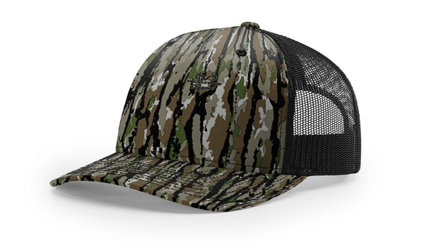 Richardson 112PFP custom leather patch hat in Realtree Original camo with Black accents
