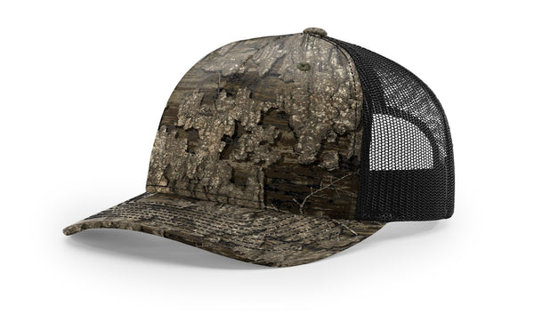 Richardson 112PFP custom leather patch hat in Realtree Timber camo with Black accents