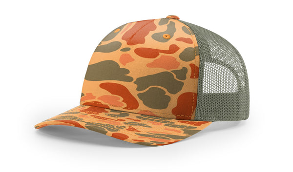 Richardson 112PFP custom leather patch hat in Sienna Duck Camo with Loden accents