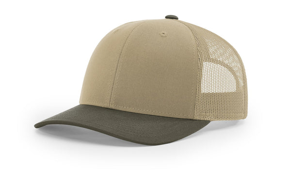 Richardson 112 custom leather patch hat in Combination, Khaki, and Chocolate Chip