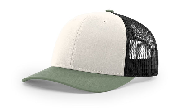 Richardson 112 custom leather patch hat in Tri, Cream, Black, and Loden