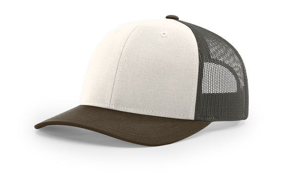Richardson 112 custom leather patch hat in Tri, Cream, Grey Brown, and Brown