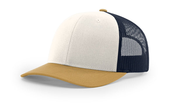 Richardson 112 custom leather patch hat in Tri, Cream, Navy, and Amber Gold