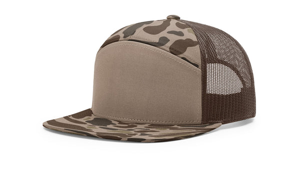 Richardson 168P custom leather patch hat in Bark Duck Camo with Brown accents