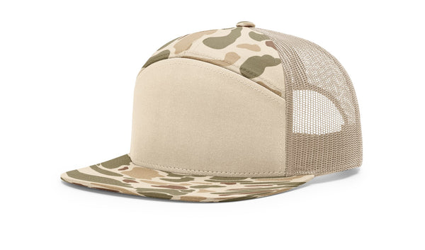 Richardson 168P custom leather patch hat in Harvest Duck Camo with Sandstone accents