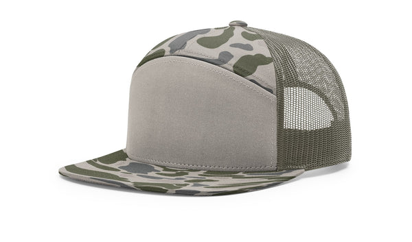 Richardson 168P custom leather patch hat in Marsh Duck Camo with Loden accents