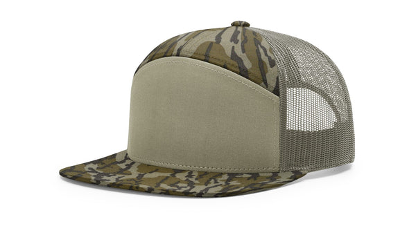 Richardson 168P custom leather patch hat in Mossy Oak Bottomland camo with Loden accents