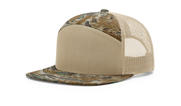 Richardson 168P custom leather patch hat in Realtree Advantage camo with Dark Khaki accents