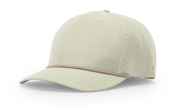 Richardson 355 custom leather patch hat in Oat Milk, Elmwood, and White